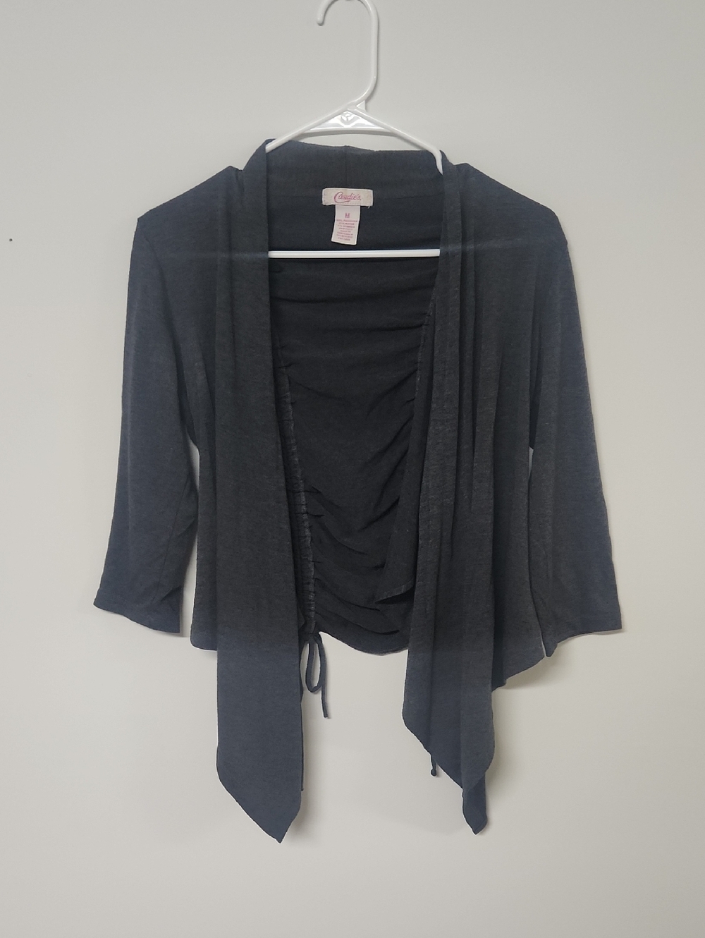 Candie's Charcoal Open-Front Ruched Tie Cardigan